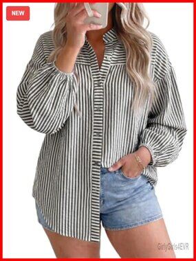 Plus Size Striped Button Down Shirt Long Sleeve Collared Blouse